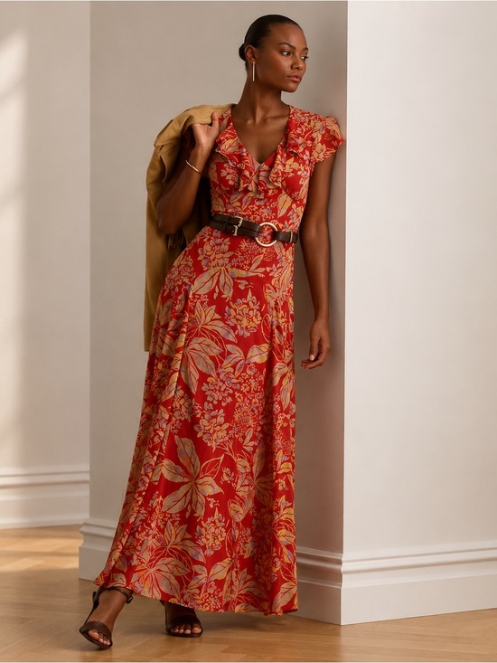 Lauren Ralph Lauren Dresses & Skirts - NWT Lauren Ralph Lauren Red Floral Printed Empire-Waist Belted Maxi Dress